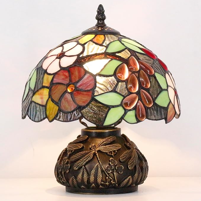 Small Tiffany Table Lamp Brown Grape Style Stained Glass Desk Lamp 10X11.5 Inch Mushroom Table Light for Office Home Living Room Bedroom