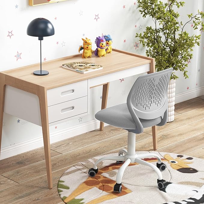 POWERSTONE Small Home Office Desk Chair, Swivel Rolling Study Computer Chair, Adjustable Height Task Chair with Armless Mid Back, Upholstered Mesh Seat, Grey