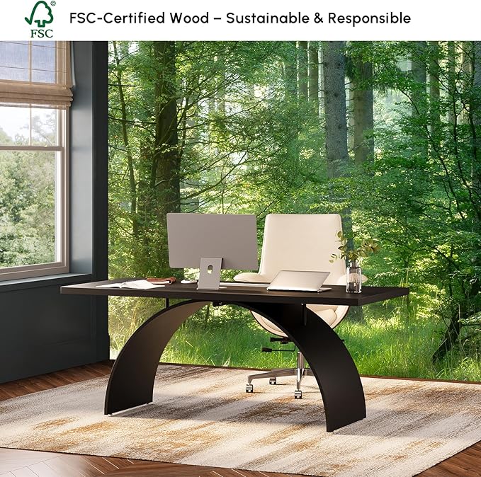 homary 70.9" Industrial Executive Desk, Black Top Desk Modern Home Desk with Arched Design Legs for Study, Office, Home Office