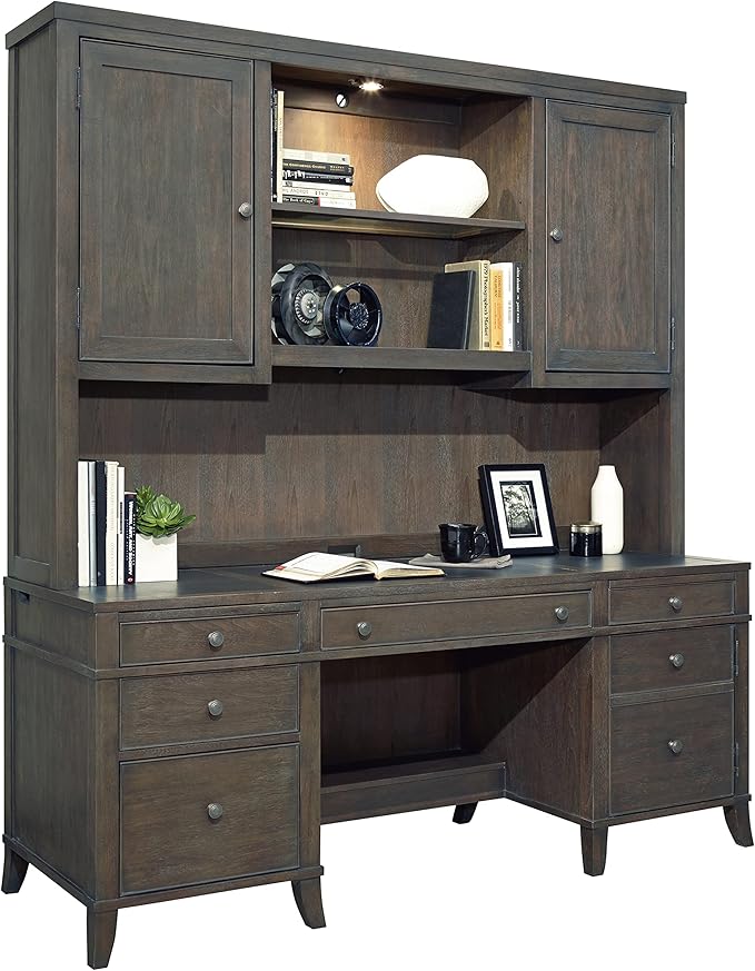 Hekman Furniture Urban Executive Credenza - Wood-Framed Leather Top Locking Pedestal File Drawers Pull Out Writing Surfaces Drop Front Keyboard Drawer Wire Management Wooden Finish Credenza