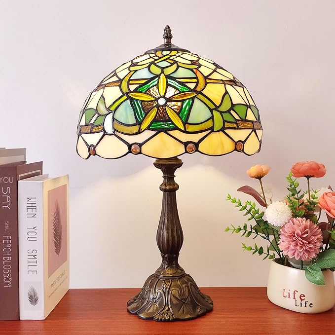 Tiffany Table Lamp Yellow Stained Glass Reading Light 3-Way Small Decorate Lamp for Home Living Room Nightstand Bedroom Office Include Bulb
