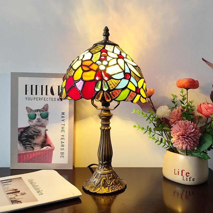 Small Tiffany Table Lamp 3-Way Tiffany Style Desk Lamp Stained Glass Antique Light Home Bedroom Bedside Lamp Retro Reading Decoration Lamps (Small Crushed Flowers Style)