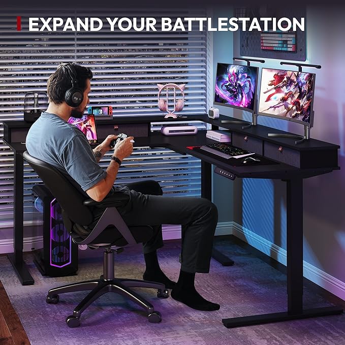 SANODESK 71" L Shaped Standing Desk with 4 Drawers, Height Adjustable Stand up Desk, Corner Gaming Desk with Monitor Stand, Black Frame/Black Top