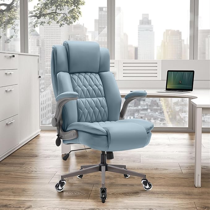 Large High Back Office Chair - Adjustable Lumbar Support Flip Up Arms Heavy Duty Quiet Wheels Metal Base Breathable Bonded Leather Ergonomic Executive Computer Desk Chair with Storage Bags, Blue