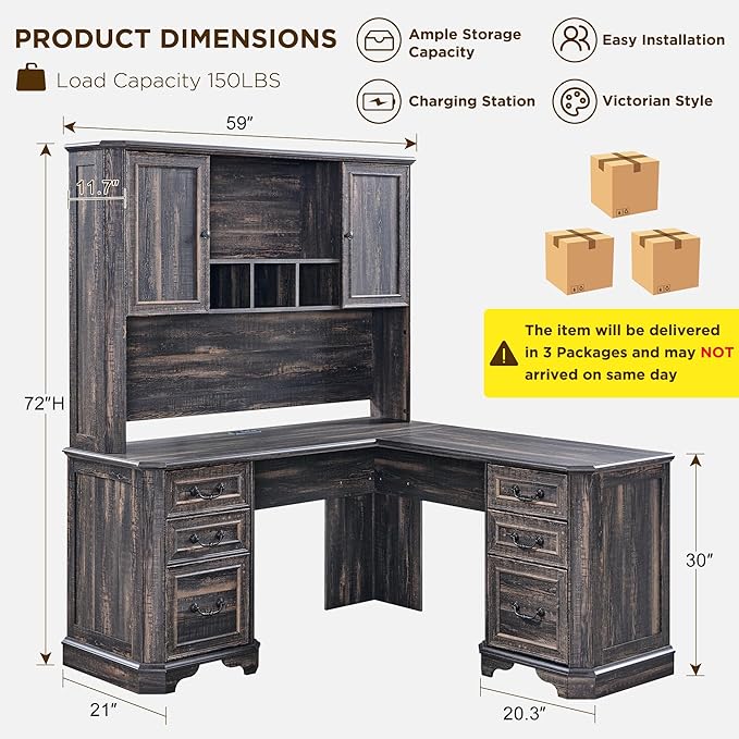 T4TREAM 59" Executive L Shaped Desk with Hutch,Victorian Wood Computer Desk, Featuring Charging Station,File Drawer, Storage Cabinet,for Home Office Work and Study (Dark Rustic Oak)