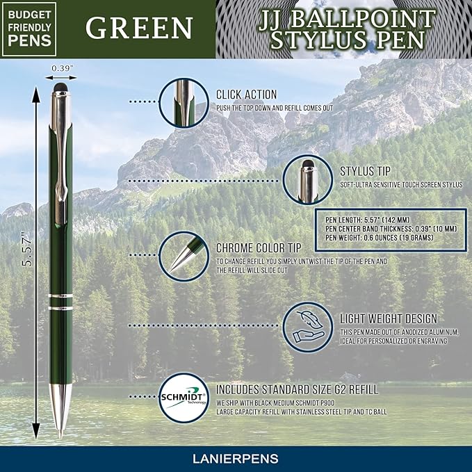 Green JJ Ballpoint Pen with Stylus - Black Ink Refill, Medium Tip Point