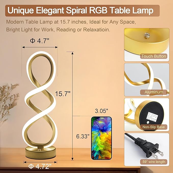 Modern Adebime RGB Table Lamp with 10 Light Modes - Unique Touch Dimmable Design for Bedside or Living Room - Available in 7 Colors, Gold