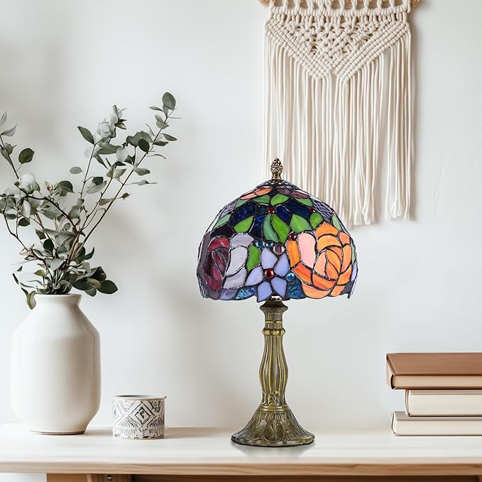 Tiffany Style Lamp Rose Flower Stained Glass Table Lamp red Rose 8X8X14 Inches Home Office Desk Lamp Lights Decorate Gift Include Light Bulb