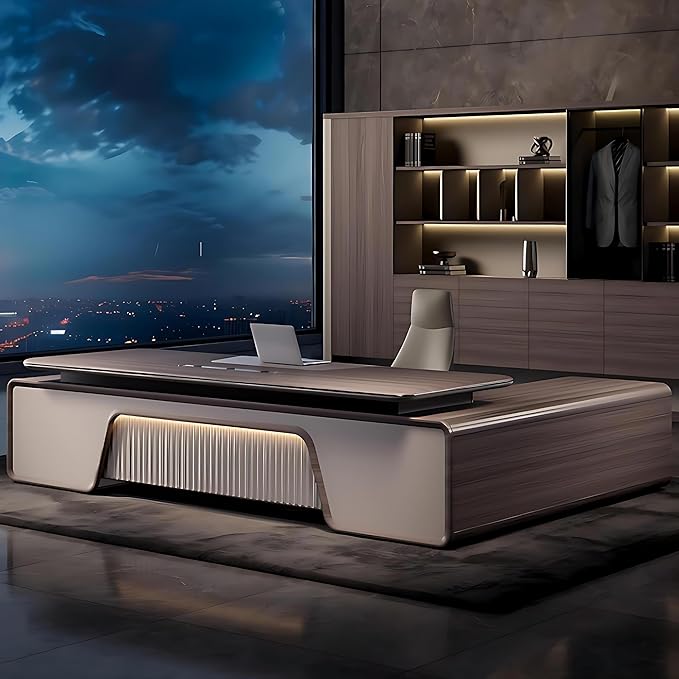 Modern Executive Desk – Large Office Desk with Storage Cabinets, Hidden Power Box, Solid Wood Executive Office Desk for Home Office, Fully Assembled (Desk,110.3IN)