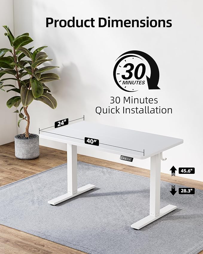 TIQLAB Height Adjustable Electric Standing Desk, 40 x 24 inch, Sit Stand Up Desk, Splice Board, Computer Home Office Desk, White Top
