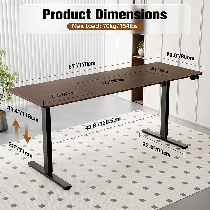 ERGOMAKER Electric Standing Desk, 67" x 23.6" Height Adjustable Sit Stand Desk with Splice Board for Home Office, Computer Desk Memory Preset (Black Frame, Walnut Desktop)