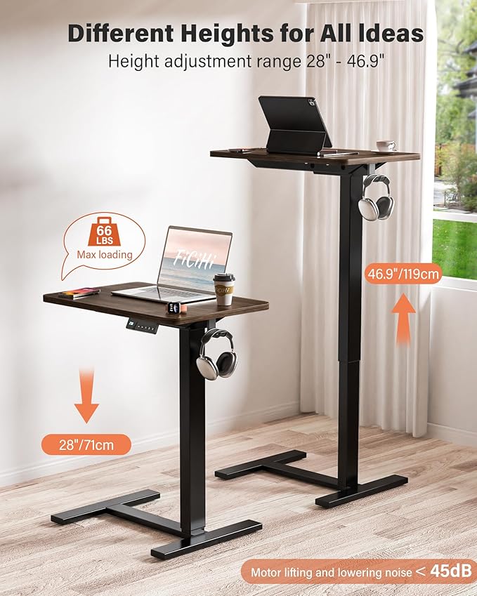 FiCiHi Electric Standing Desk with Wheels - Height Adjustable, Mobile, Small Movable Laptop Desk, Portable Rolling Computer Workstation Sit Stand Table for Home Office, Sofa & Bedside(24x16, Walnut)