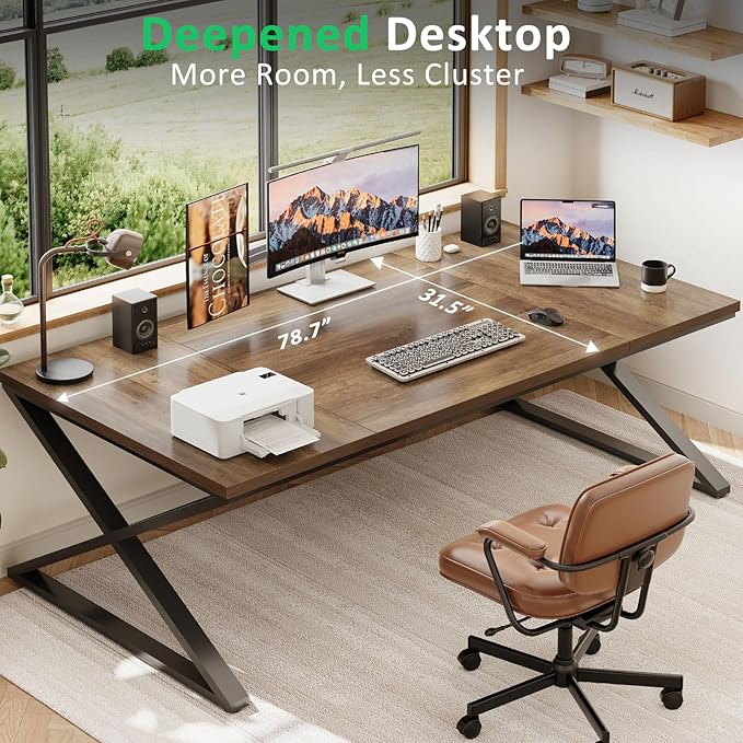 IBF Large Computer Desk, 78.7” Extra Long Home Office Desk, Wood Metal Work Desk for Study Writing, Farmhouse Simple Wide Double PC Gaming Computer Table Executive Workstation in Bedroom, Rustic Oak