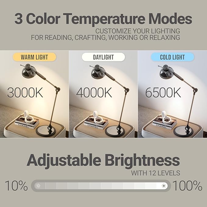 OTUS LED Desk Lamp Gesture Control | Desk Lamps for Home Office 3 Color Modes, 12 Brightness Levels, Memory | Adjustable Tall Office Lamp | Eye-Friendly Task Desktop Light for Reading, Working, Crafts