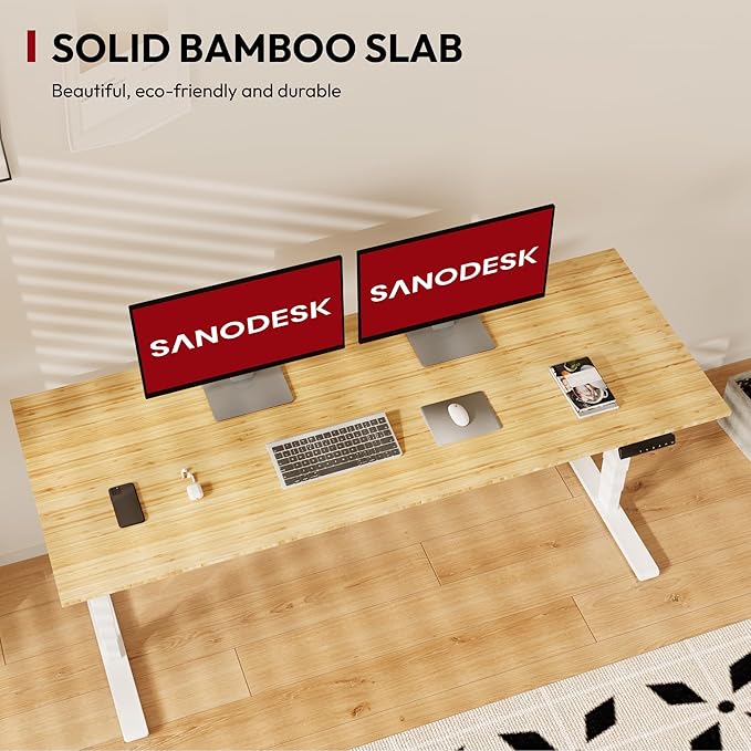 Standing Desk with Dual Motor, 3-Stage Lifting Column, Handset with 3 Preset and Sit-Stand Reminder - 72 inch Whole Piece Real Bamboo/White Frame, Height Adjustable Desk for Home and Office