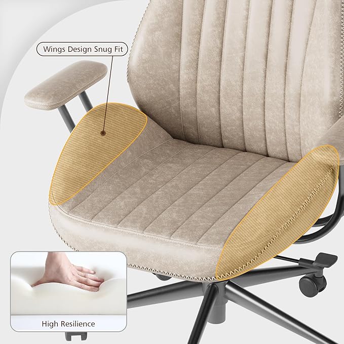 ovios Ergonomic High Back Office Chair, Mid-Century Modern Faux Suede Leather Chair with Padded Armrests, Comfy Executive Computer Task Swivel Rolling Chairs, Beige