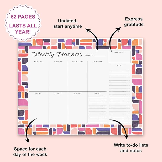 Weekly Planner Pad, 52 Letter Size Tear Off Sheets, 8.5” x 11” Undated Calendar Weekly Desk Planner Notepad, Daily Schedule Priorities To Do List for Week (Style 3)
