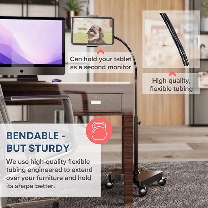 LEVO Adjustable Height Floor Stand on Wheels - Black with Casters - Tablet & Phone Holder with Gooseneck Mount, Stable Base - Compatible with All Cell Phones & Tablets (4-13 inch)