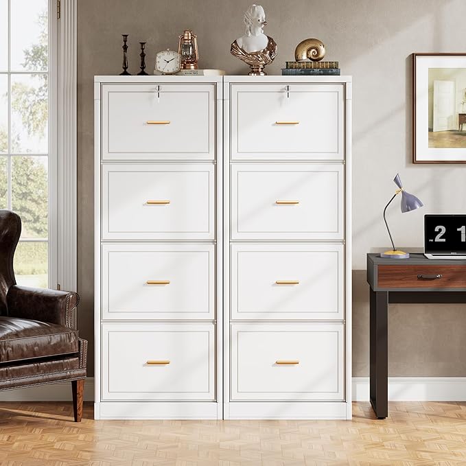 Tribesigns 4 Drawer File Cabinet with Lock, Locked File Cabinet with Key, Tall Wooden Filing Cabinets for Home Office, Vertical Office Storage for Legal Size/Letter/A4/Files, White