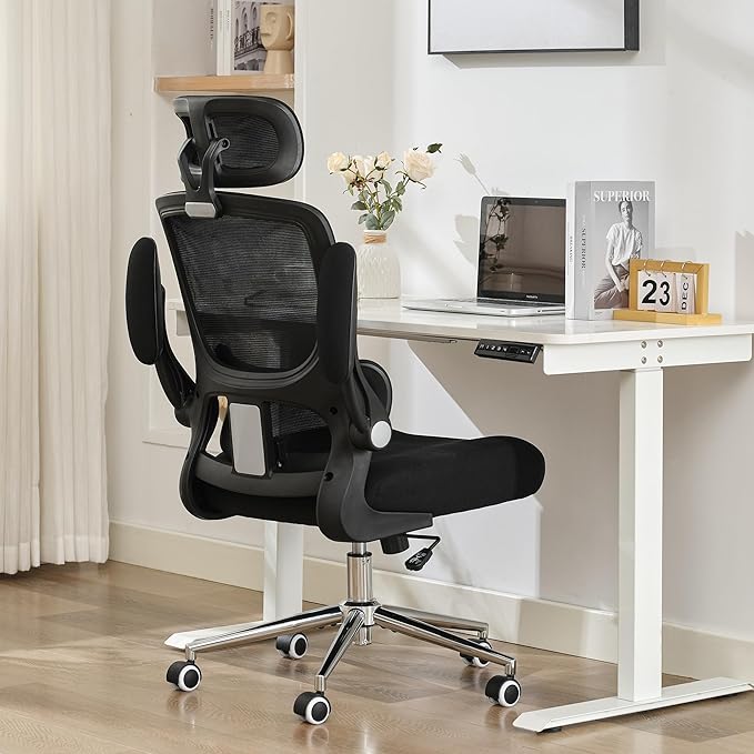 Ergonomic Office Chair,Home Mesh Office Desk Chairs,High Back Chair 330 LBS,Swivel Computer Task Chair with Adjustable Lumbar Support,Up&Down Flip-Up Arms,Rocking Function (Black)