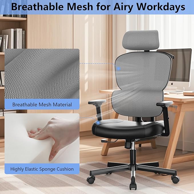 Office Chair, Ergonomic Desk Chair, High Back Desk Chair, Big and Tall Reclining Comfy Home Office Chair with Lumbar Support Breathable Mesh Computer Chair Adjustable Armrests