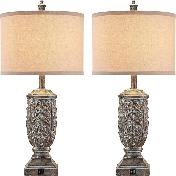 Set of 2 Farmhouse Table Lamps for Living Room, Rustic Vintage Bedside Nightstand Lamp with USB A+C, 28.5" Tall Bronze Leafwork Resin Lamps for Bedroom End Table, Rotary Switch