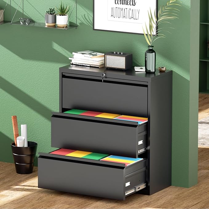 Greenvelly Lateral File Cabinet with Lock,3 Drawer Metal Filing Cabinet for Home Office, Black Steel Lateral File Drawers, Wide Office File Cabinet with Hanging Bars for A4 Legal/Letter Size