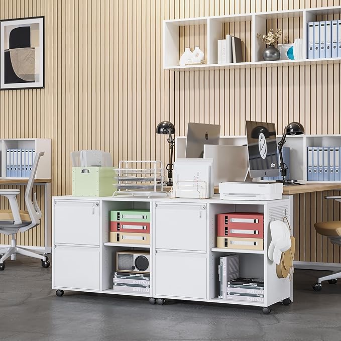 Lateral 2 Drawer Filing Cabinet with Lock, Mobile File Cabinet on Wheels, Printer Stand with Storage for Legal/Letter/A4 File Folders(White)