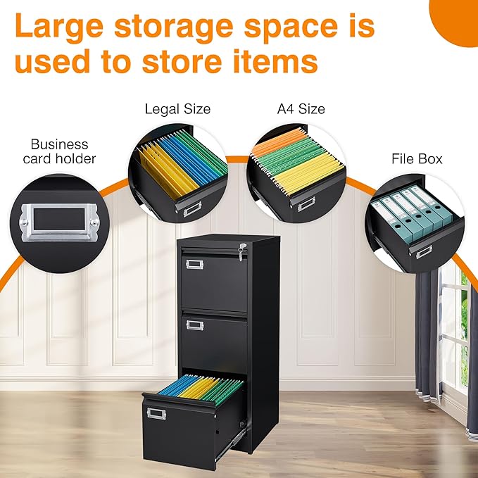 Metal Vertical File Storage Cabinet, 3 Drawer File Cabinet with Lock, 18" Deep Vertical Filing Cabinets for A4 Legal/Letter Size, Assembly Required (3 Drawer - Black)