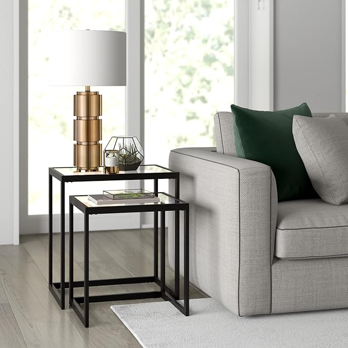 Henn&Hart 27'' Mid-Century Modern 1-Light Table Lamp with White Fabric Drum Shade for Living Room, Bedroom, or Office, Brass