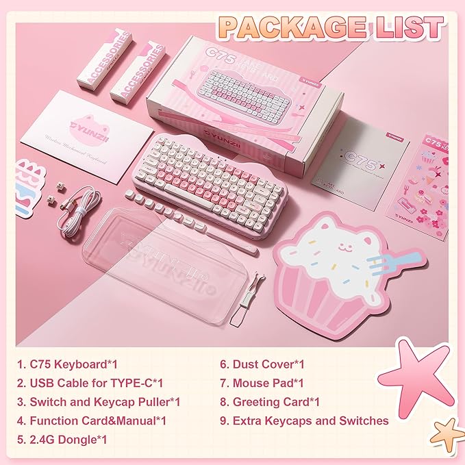YUNZII C75 Wireless Mechanical Keyboard,75% Layout, Hot-Swappable NKRO,BT5.0/2.4G/USB-C Mode,Dye-Sub PBT MOA Keycaps,RGB Gasket Mount,Cute Cake Design for Mac/Win/Gaming (Pink, Candy Switch)
