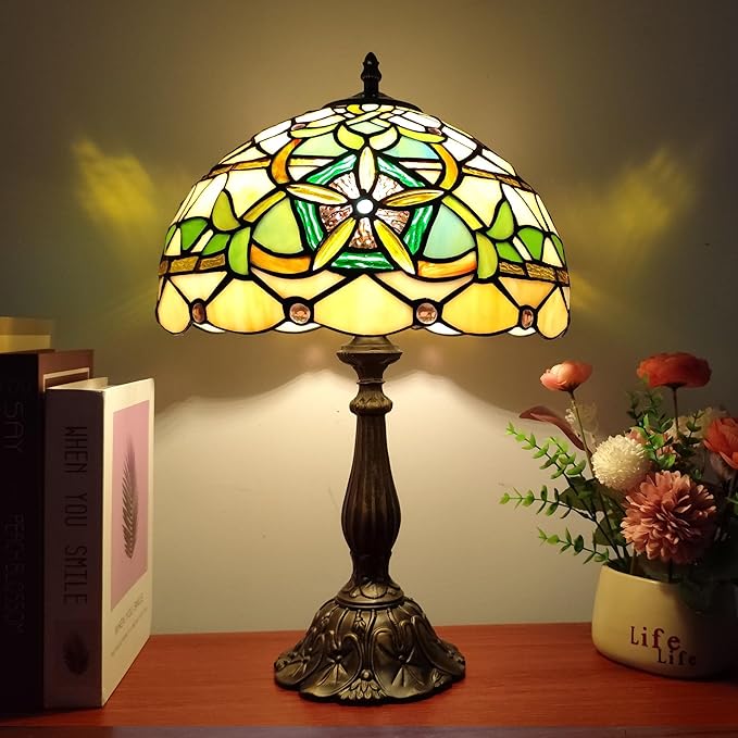 Tiffany Table Lamp Yellow Stained Glass Reading Light 3-Way Small Decorate Lamp for Home Living Room Nightstand Bedroom Office Include Bulb