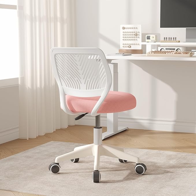 Armless Desk Chair, Height Adjustable Swivel Office Rolling Task Chairs with Soft Mesh Padded Cushion, Ergonomic Small Study Computer Chair for Girls Boys Teens (Pink, 4PCS)