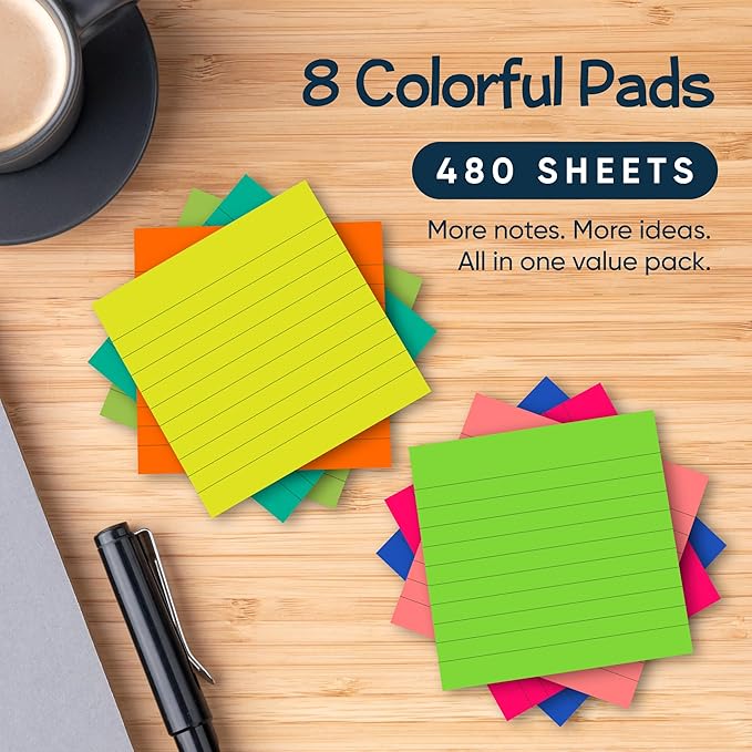 Lined Sticky Notes 3x3 Pack of 8, Bright Colored Super Self Sticky Pads - 60 Sheets/Pad - Easy to Post for School, Office Supplies, Desk Accessories