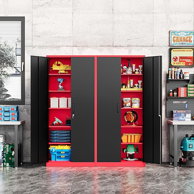 Metal Storage Cabinet-71” Tall Steel File Cabinets with Lockable Doors and Adjustable Shelves-Black&Red Steel Storage Cabinet for Home, School, Office, Garage