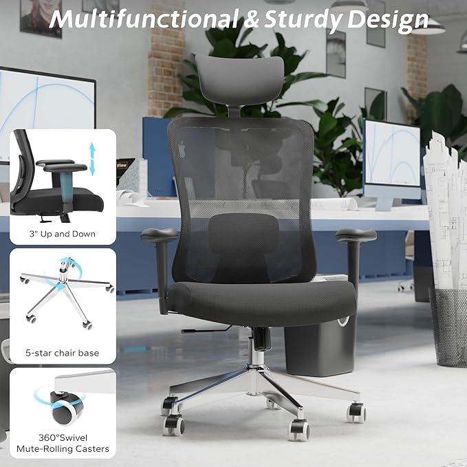 Ergonomic Office Chair, Mesh Desk Chair with Adjustable Headrest and 2D Armrest,Computer Chairs with Lumbar Support, Big and Tall Office Chair 400lbs, Large (01black)