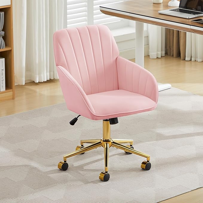 YISHENG Velvet Office Desk Chair with Gold Base, with Wheels,Modern Height Adjustable 360 Degree Swivel Upholstered Vanity Chairs with Arms for Living Room Bedroom,Pink
