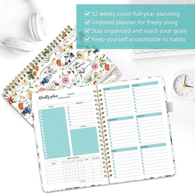 Undated Weekly Planner, Weekly To Do List Notebook with Goal & Habit Tracker Organizer, A5 Weekly Planner Notebook with Spiral Binding, 6.1" x 8.2" - Floral