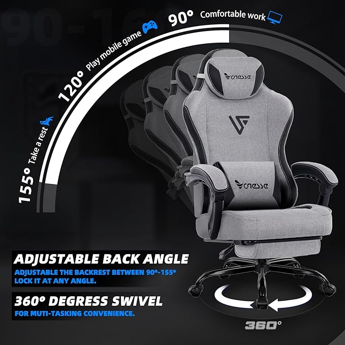 Vonesse Gaming Chair, Computer Chair Fabric with Pocket Spring Cushion, Office Chair with Footrest and Massage Lumbar Support, Reclining Gaming Chairs for Adults 250LBS (Grey)