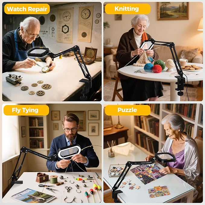 Magnifying Glass with Light Square Magnifier Desk Lamp 10X Close Up Work for Desktop Bench Crafting, Reading, Sewing, Ultra Stable Swing Arm, 5 Color Modes Design Rectangle Head