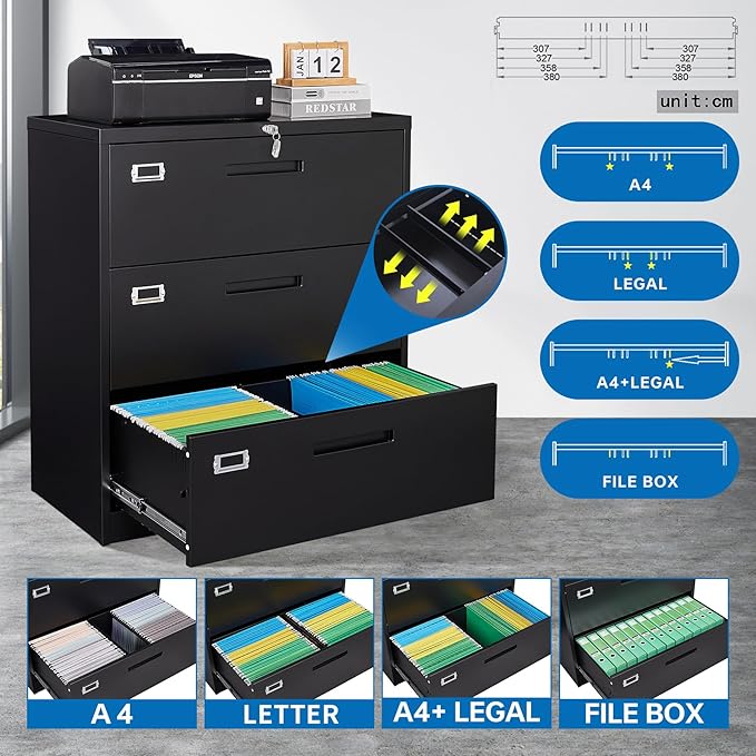 Lateral File Cabinet with Lock,Metal Filing Cabinet with 3 Drawer,Steel Lateral File Cabinet for Legal/Letter A4 Size,Wide File Cabinet for Office Home,Assembly Required