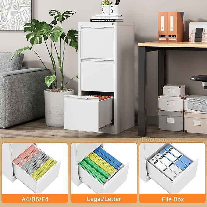 Coolsun 3 Drawer Vertical File Cabinet with Lock, Metal Filing Cabinet for Home Office, Locking File Cabinet for A4/F4/Legal/Letter, Assembly Required (White, 3 Drawer)