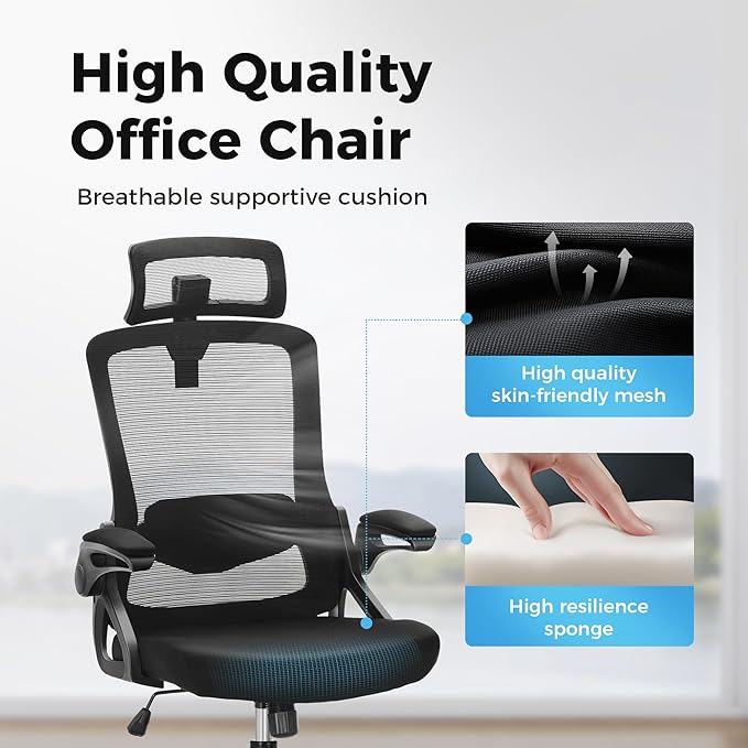 MAISON ARTS Ergonomic Office Desk Chair, Breathable Mesh Computer Chair with Adjustable Lumbar Support, Headrest and Flip up Armrests, Comfortable Task/Executive Chair for Home Office