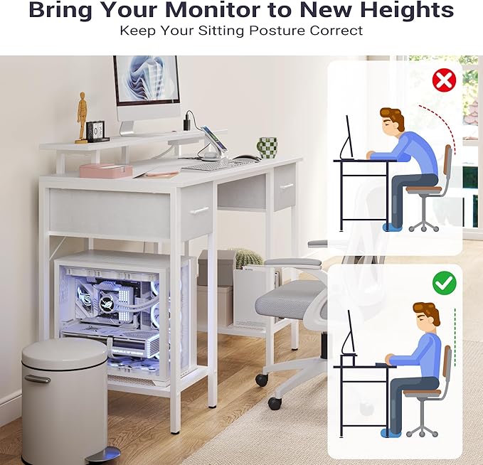 White Computer Desk with Drawers, 42 Inch Home Office Desk Study Writing Table, Gaming Desk with USB Power Outlets, Office Desk with Fabric Drawer, Work Table with Shelf for Bedroom, White