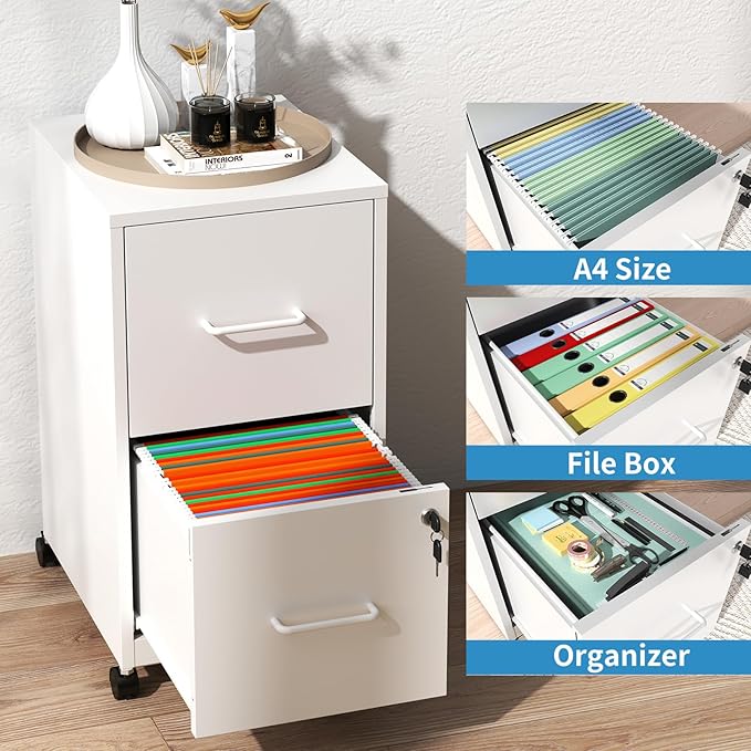2 Drawer File Cabinet with Lock,Small Rolling Metal Office Storage Mobile Filing Cabinet Under Desk,Vertical Locking File Cabinets with Wheels for Home Office,Legal Required Assembly,White