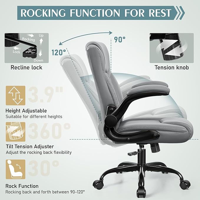 Leather Office Chair, PU Home Computer Desk Chairs with Ergonomic Back Support, 360°Swivel Free,Small Gaming Chair with Wheels and Adjustable Armrests, for Short People Use, Gray