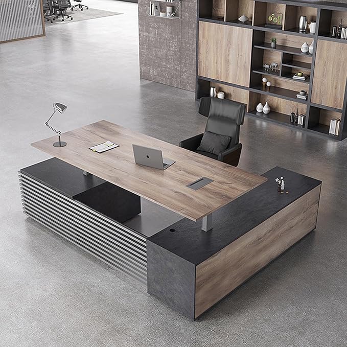 78.74IN Adjustable Heigh L Shaped Executive Desk with Drawers, Modern Executive Standing Home Office Desk w/Universal Charging Ports, Large Business Workstation w/Cord Management,Black and Warm Oak