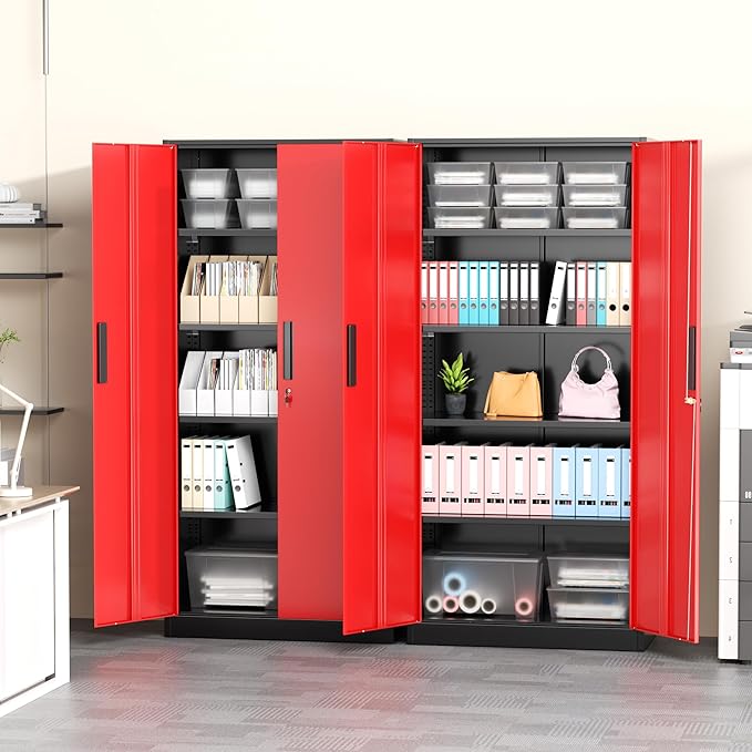 Greenvelly Metal Storage Cabinet with Doors and Adjustable Shelves,72" Black Red Locking Steel Garage Cabinet with Lock, Metal Tool Cabinets for Garage,Home Office,School