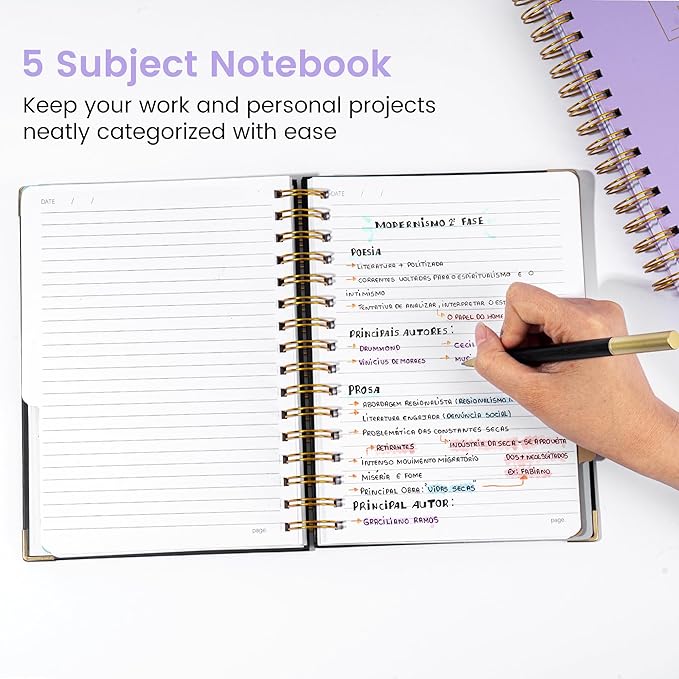 Hardcover Spiral Notebook with Tabs 6.1"x8.3" Small Spiral Lined Journals for Women Men with Dividers 200 Pages College Ruled Composition Notebook 5 Subject Notebook for Work School Gifts, Purple