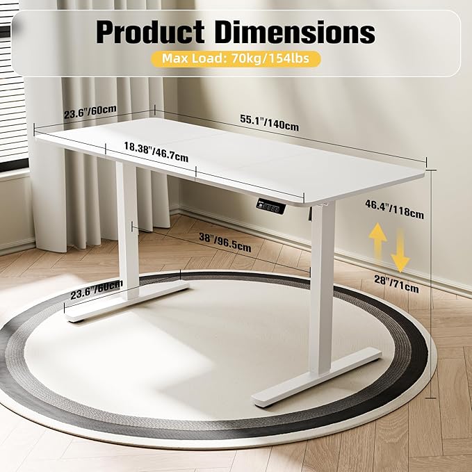 ERGOMAKER Electric Standing Desk, 55" x 23.6" Height Adjustable Sit Stand Desk with Splice Board for Home Office, Computer Table Memory Preset (White Frame, White Desktop)